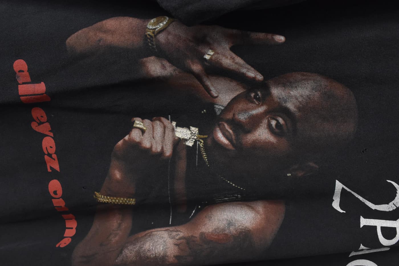 Close-up of a vintage 2Pac graphic t-shirt