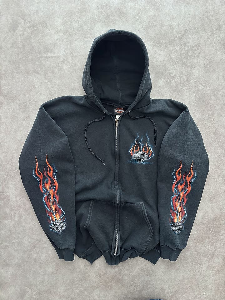 Harley Davidson Vintage Harley Davidson Zip Up Hoodie Flames Print - M - Fabricsonder