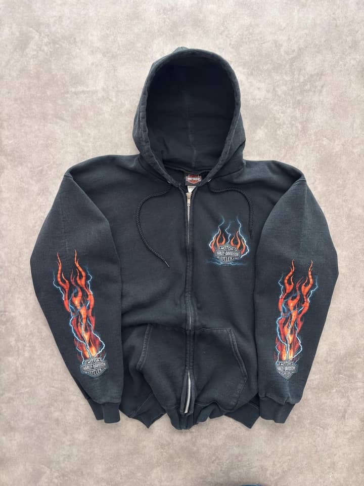 Harley Davidson Vintage Harley Davidson Zip Up Hoodie Flames Print - Excellent - M - Fabricsonder
