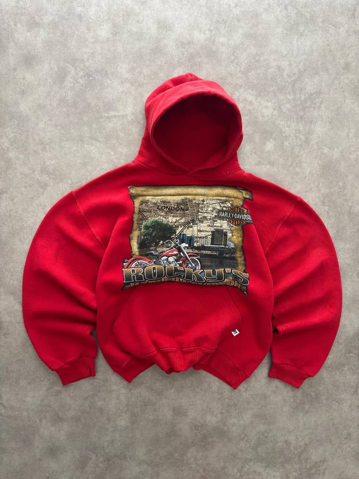 Russell Athletic Vintage Russell Athletic Hoodie Harley Davidson Print - Excellent - Fabricsonder