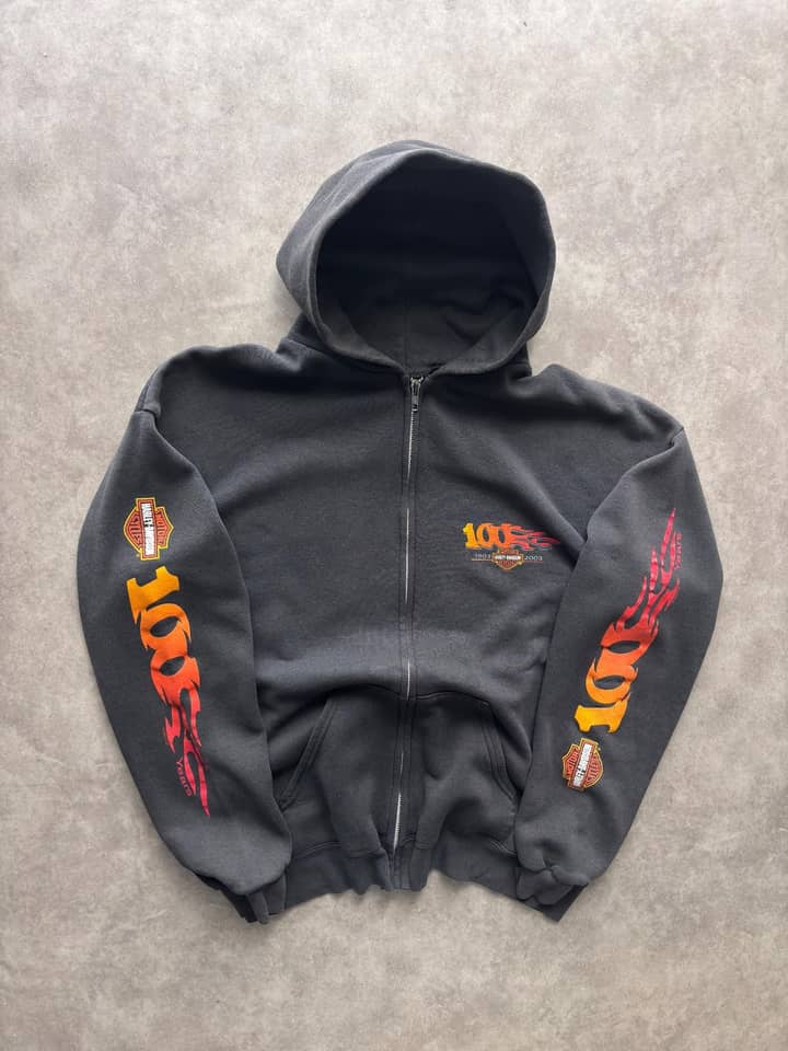 Harley Davidson Vintage Grail Harley Davidson Flames Zip Up Hoodie Made In Mexico - Good - XL - Fabricsonder