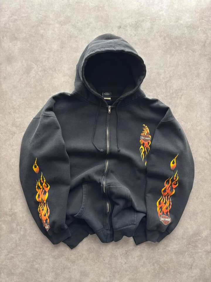Harley Davidson Vintage Harley Davidson Zip Up Hoodie Flames - Very Good - XXL fit - Fabricsonder