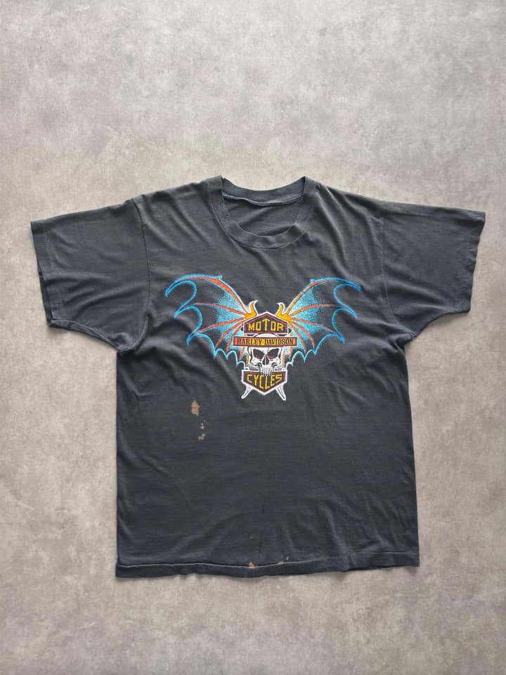 Harley Davidson Vintage Harley Davidson 3d Emblem Bat Skull T Shirt Single Stitch - Fair - S - Fabricsonder