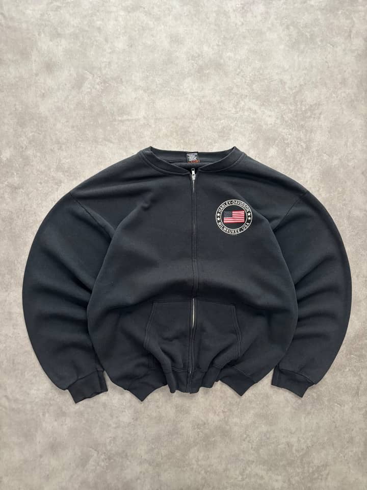 Harley Davidson Vintage Harley Davidson Zip Up Crewneck 90s Made In USA - Very Good - XL - Fabricsonder