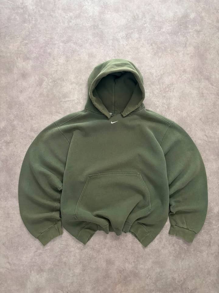 Nike Vintage Centre Swoosh Hoodie Sunfaded Olive Green - Very Good - XL - Fabricsonder